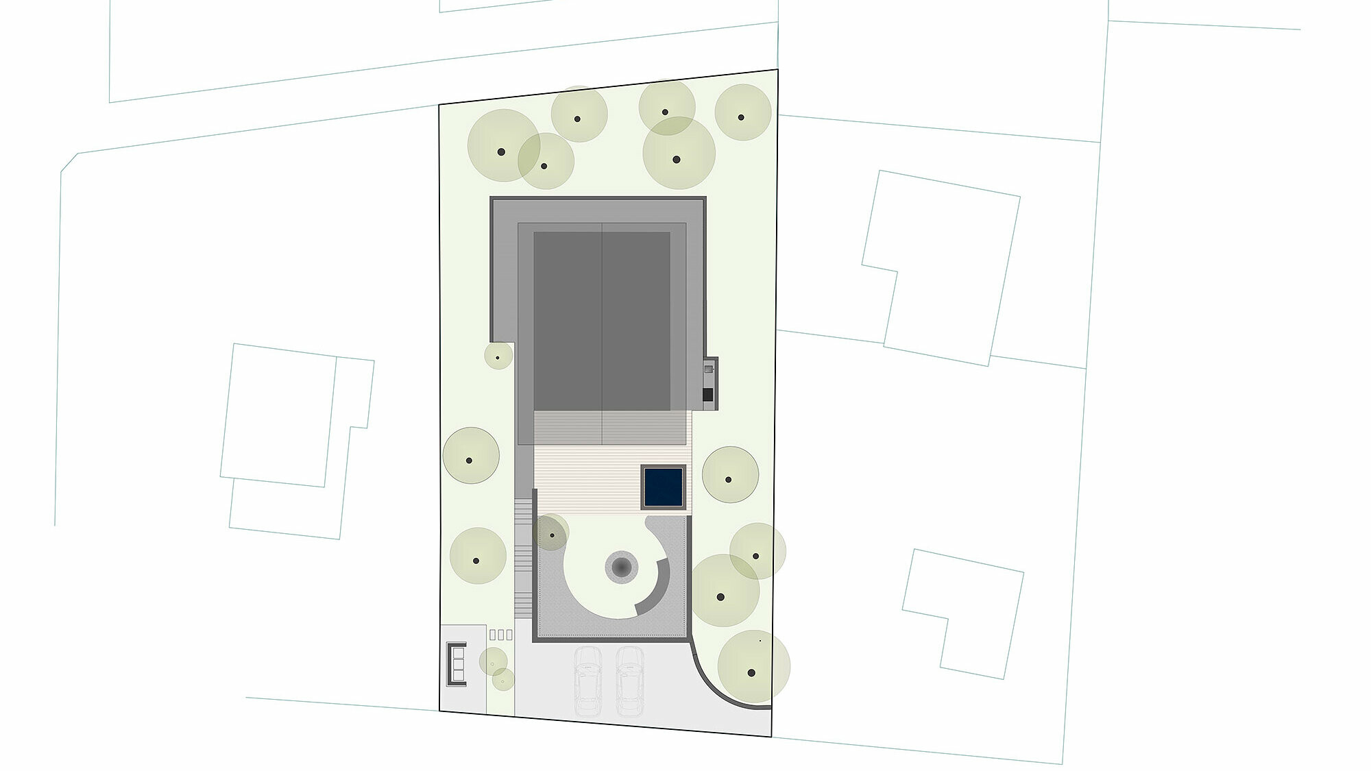 Das Bild zeigt einen schematischen Lageplan aus der Vogelperspektive des Alpenchalets und seiner unmittelbaren Umgebung. Im Plan sind das Gebäude mit seinem Grundriss, der Eingang, Wege sowie kreisförmige Landschaftselemente, die möglicherweise Bäume oder Sträucher darstellen, hervorgehoben. Umgebende Strukturen sind mit helleren Linien skizziert, um den Kontext zu vermitteln. Der Plan ist oben mit 'SITUACIJA' beschriftet, was darauf hindeutet, dass es sich um einen Situationsplan handelt, und enthält unten rechts ein Wasserzeichen 'BIROEPOVŽ', das auf den Ersteller hinweist